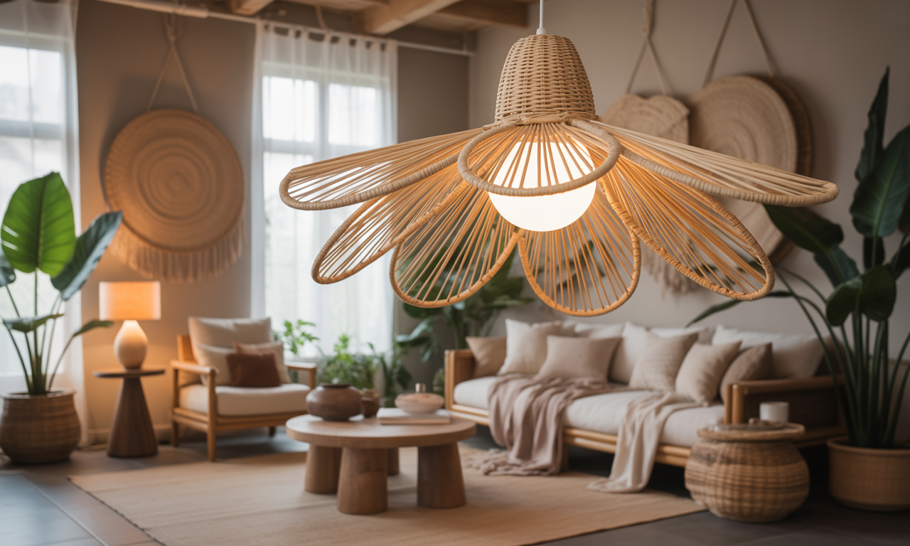 découvrez l'abat-jour fleur en rotin, l'accessoire bohème incontournable qui apporte chaleur et charme naturel à votre intérieur. transformez votre décoration avec élégance et douceur.