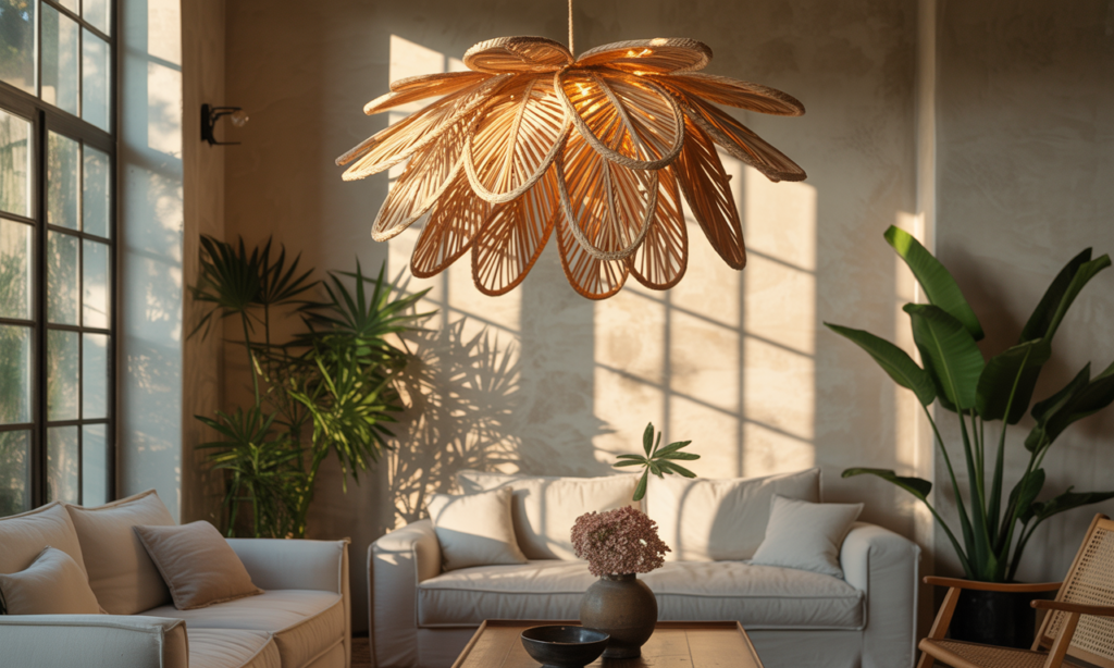 découvrez l'abat-jour fleur en rotin, l'accessoire bohème incontournable qui apporte chaleur et charme naturel à votre intérieur. transformez votre déco avec élégance et douceur.