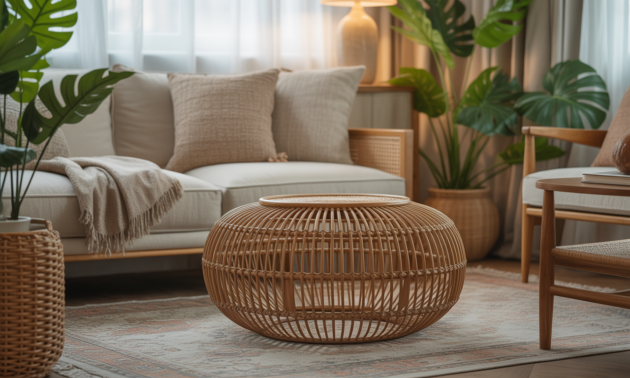 découvrez le pouf rond en rotin, l'accessoire idéal pour apporter une touche bohème chic et naturelle à votre salon. confortable et esthétique, il s'intègre parfaitement à tous les styles de décoration.