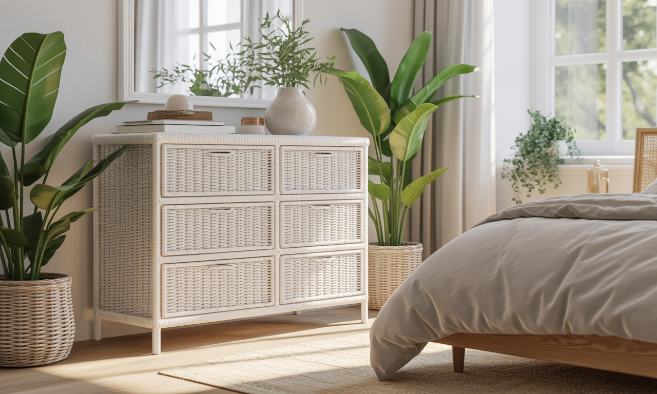 découvrez notre commode en rotin blanc, l'élément incontournable pour apporter charme et luminosité à votre chambre tout en restant tendance et naturel.