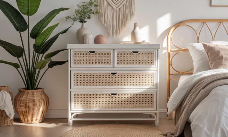 découvrez la commode en rotin blanc, l'élément idéal pour apporter charme et luminosité à une chambre tendance et accueillante.