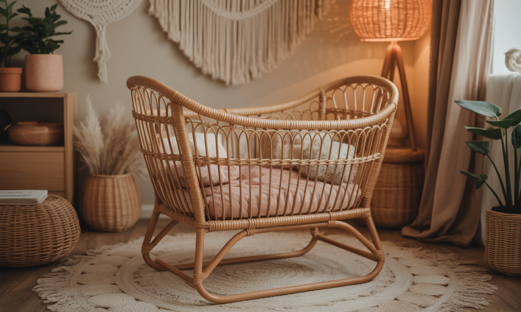 découvrez le berceau vintage en rotin, l'accessoire bohème et cocooning parfait pour créer une ambiance douce et chaleureuse dans la chambre de votre bébé.