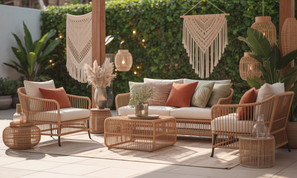 découvrez le salon extérieur en rotin, l'incontournable pour un été bohème chic alliant confort et élégance naturelle. parfait pour des moments conviviaux en plein air.