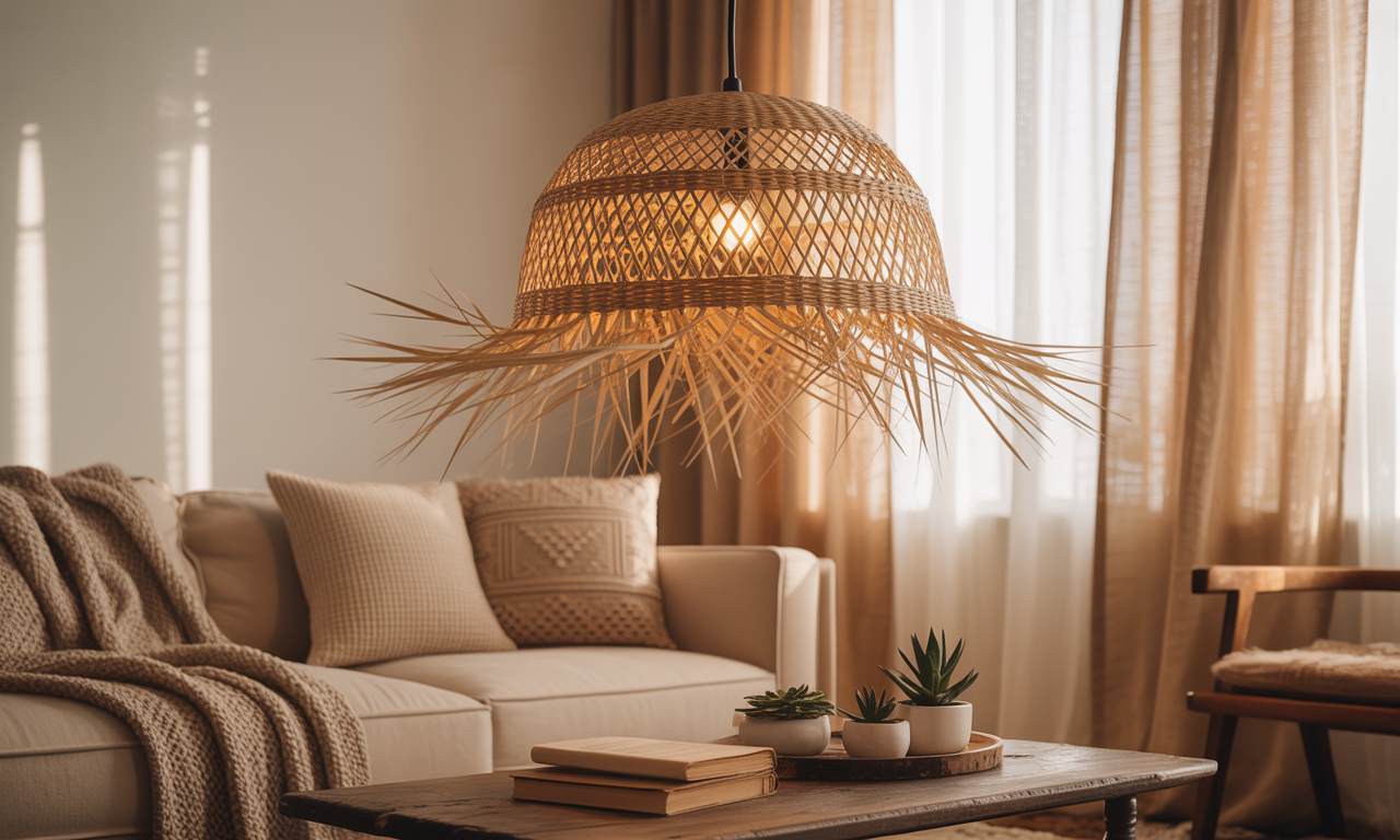apportez une ambiance bohème chic à votre salon avec un lustre en osier, une touche naturelle et élégante qui transforme votre intérieur en un espace chaleureux et accueillant.