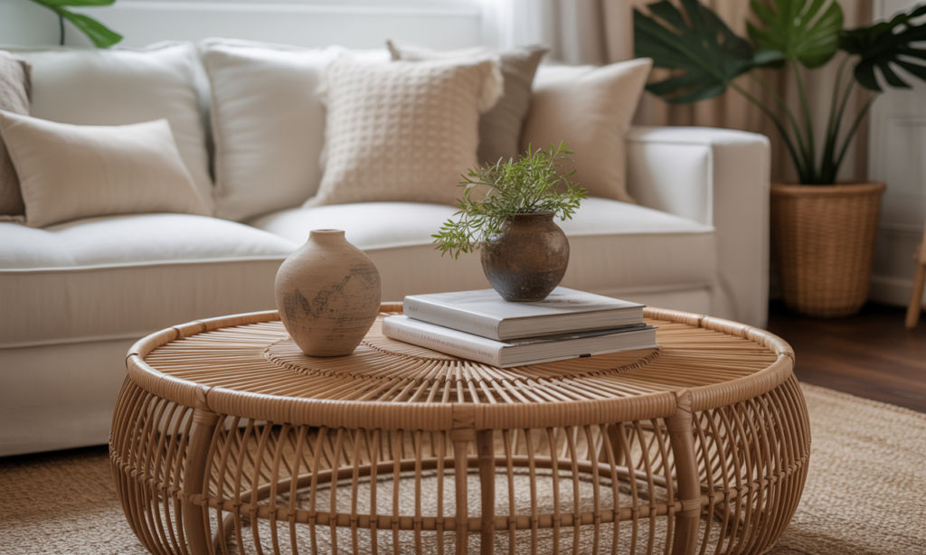 découvrez notre sélection de tables basses en rotin, l'élément essentiel pour apporter une touche bohème chic et naturelle à votre salon.