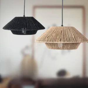 Abat-jour suspendu en corde de papier et bois