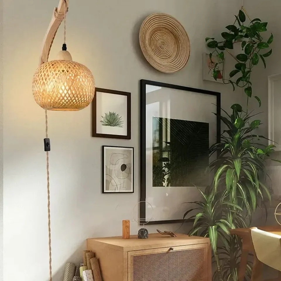 Applique murale en bambou tissé style rotin E27 – Image 4