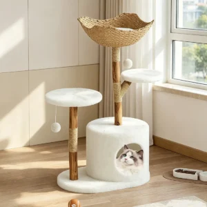 Arbre à chat en bois et osier multi-niveaux