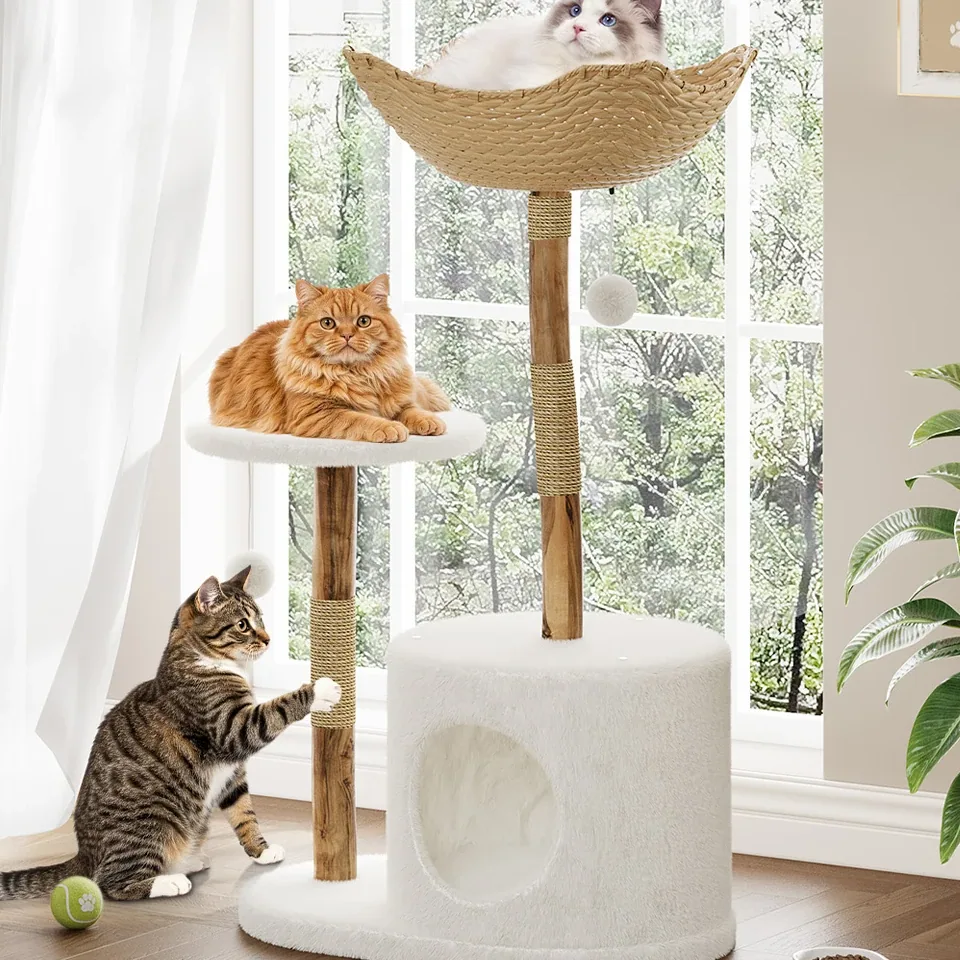 Arbre à chat en bois et osier multi-niveaux – Image 4