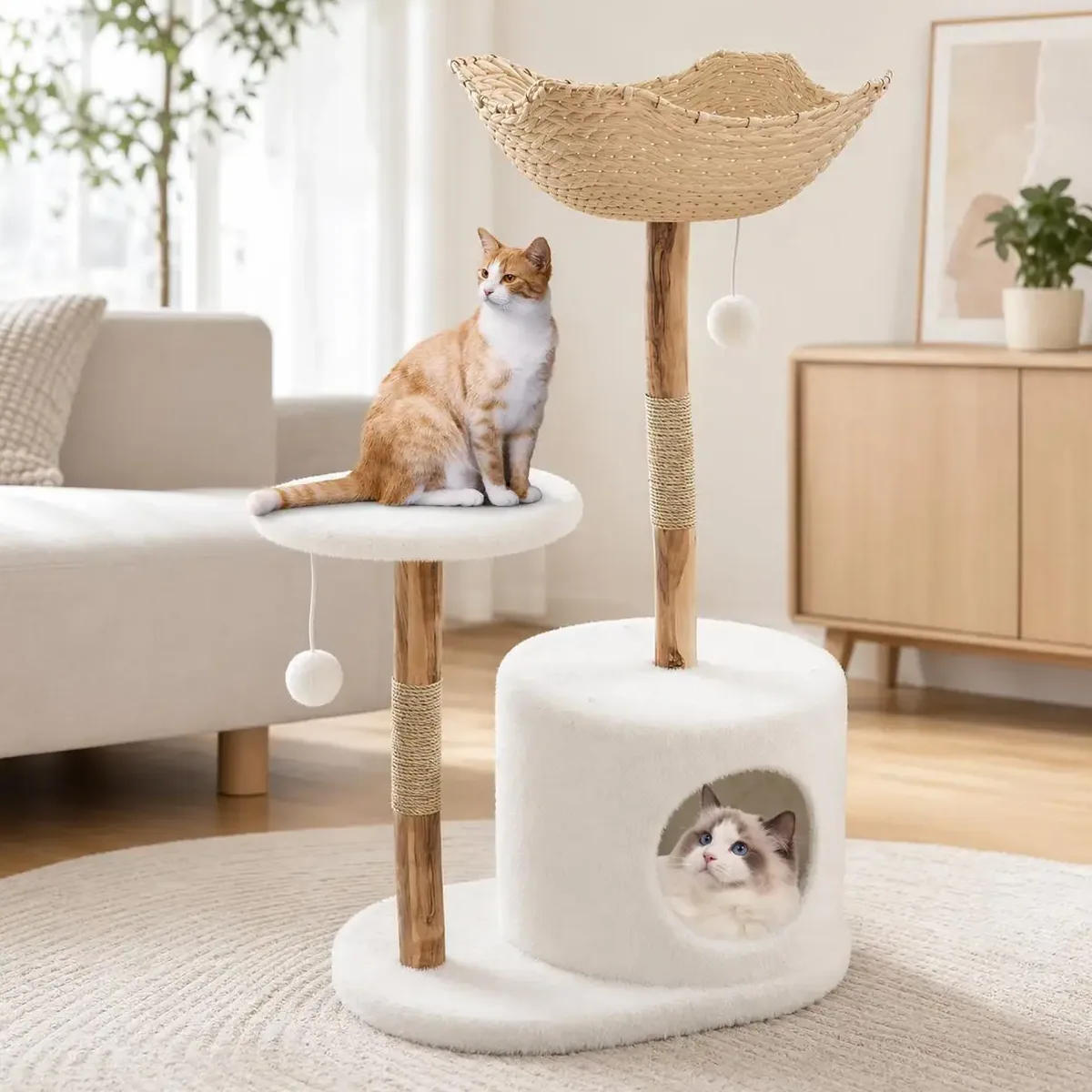 Arbre à chat en bois et osier multi-niveaux – Image 5