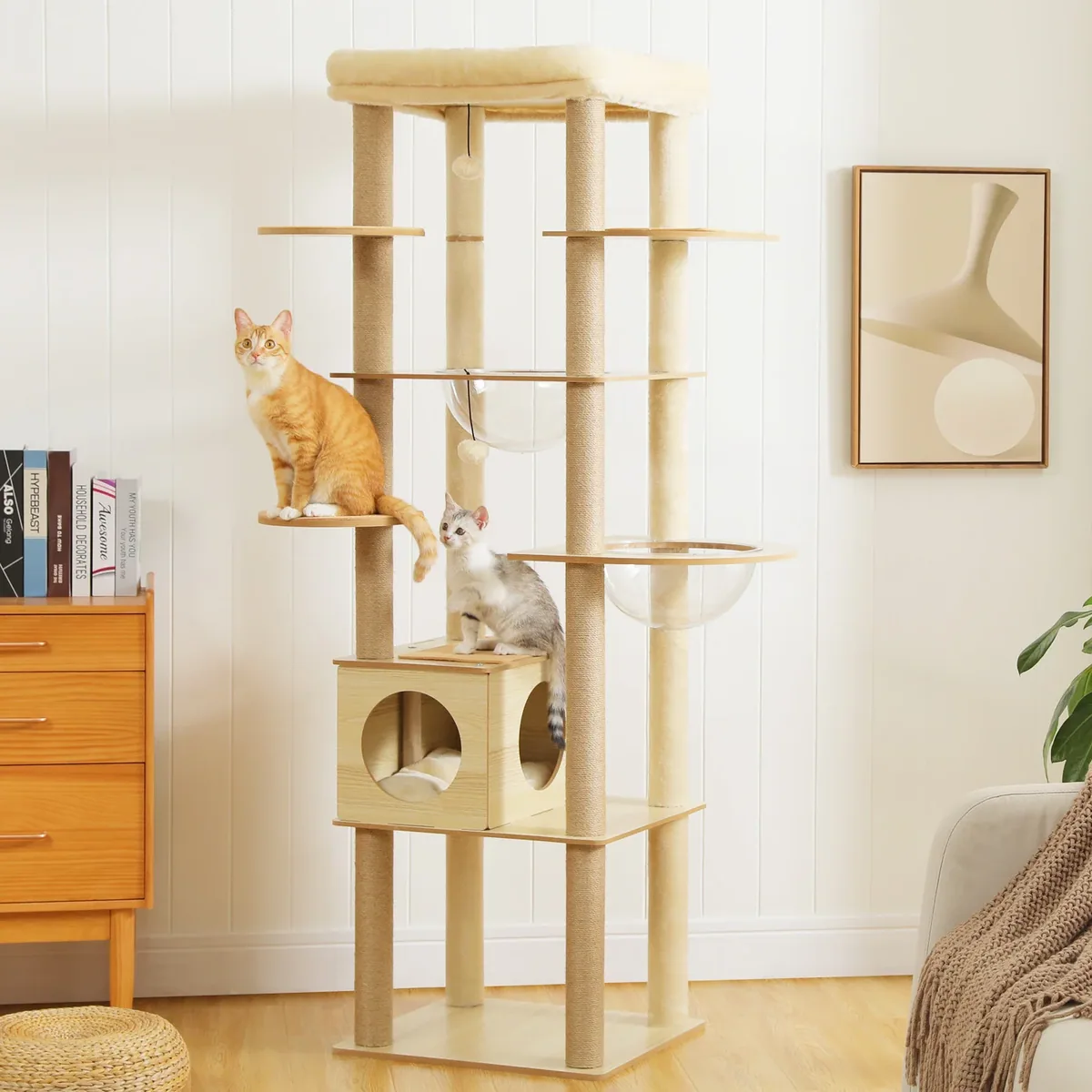 Arbre à chat en bois multi-niveaux rotin