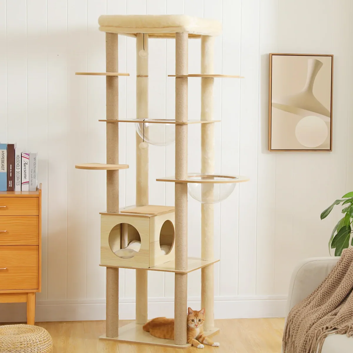 Arbre à chat en bois multi-niveaux rotin – Image 2