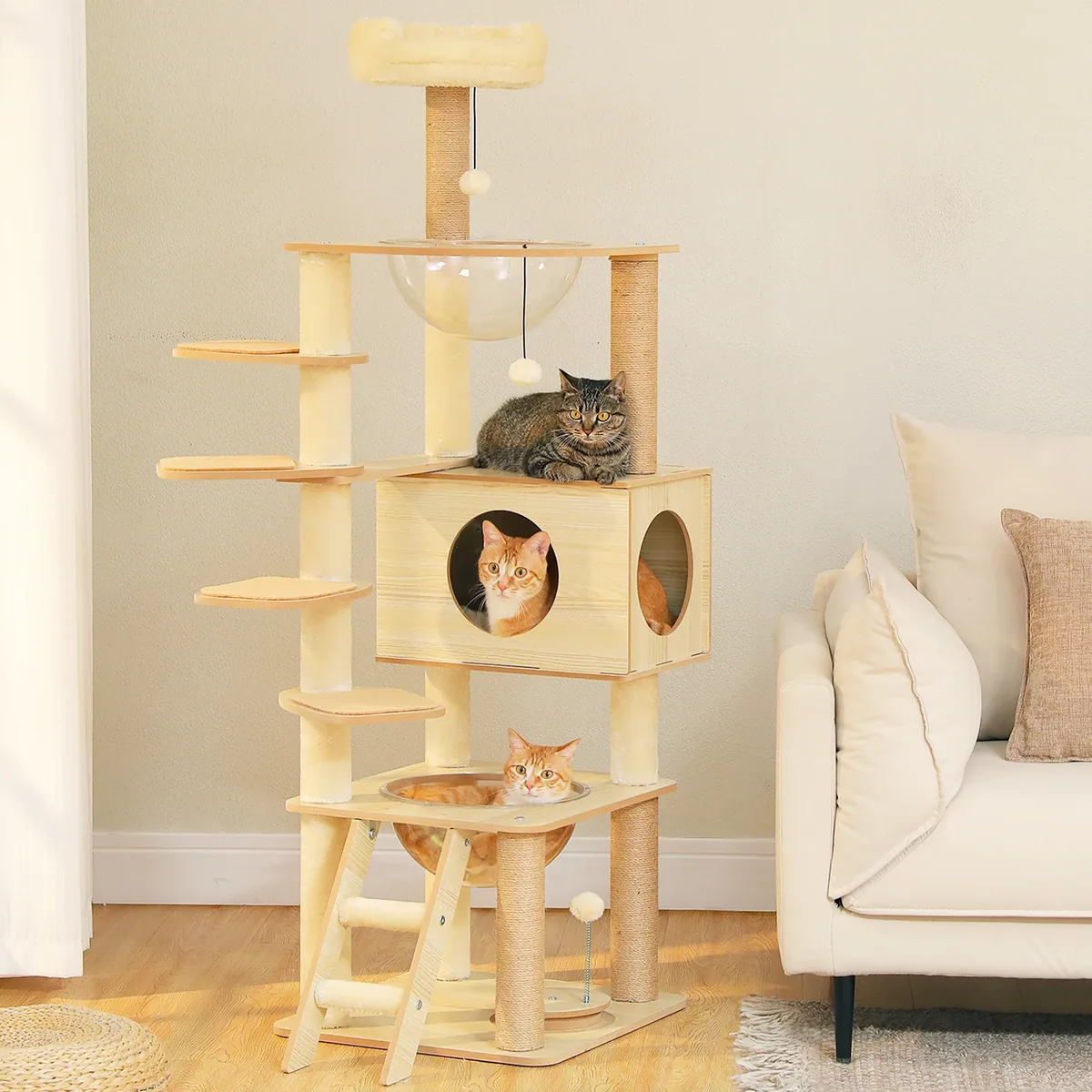 Arbre à chat en bois multi-niveaux rotin – Image 4