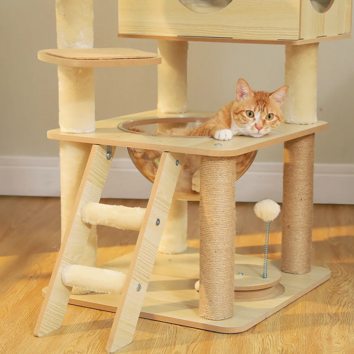 Arbre à chat en bois multi-niveaux rotin – Image 5