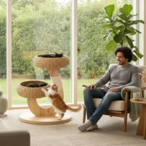 Arbre à chat en bois naturel à perchoir rotin