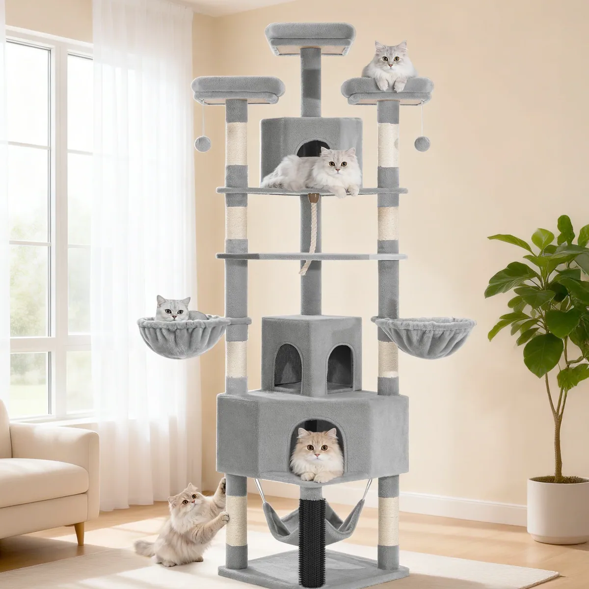 Arbre à chat en chanvre à trois niveaux avec grottes