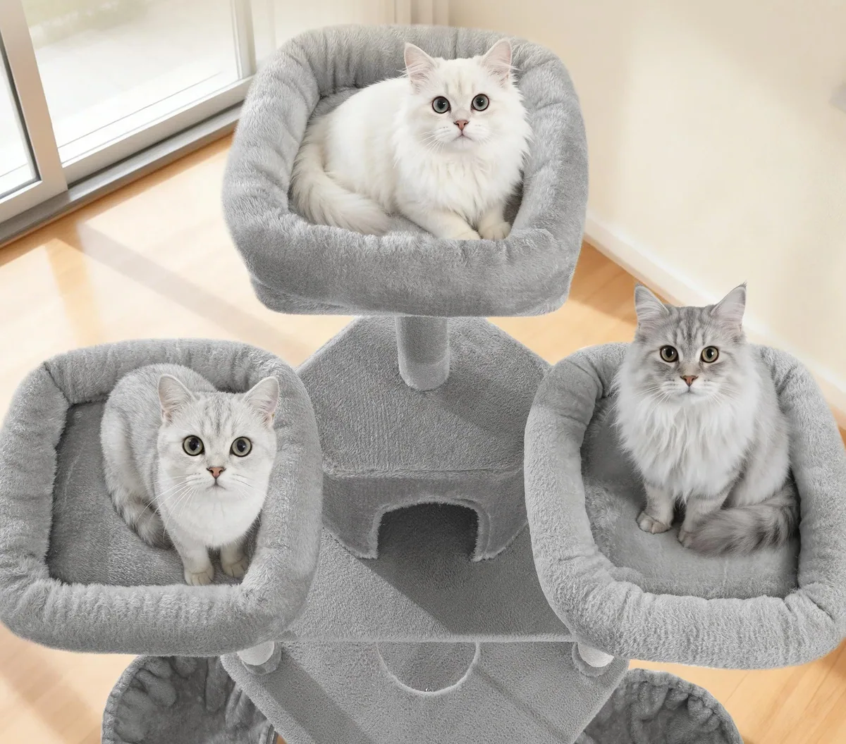 Arbre à chat en chanvre à trois niveaux avec grottes – Image 2