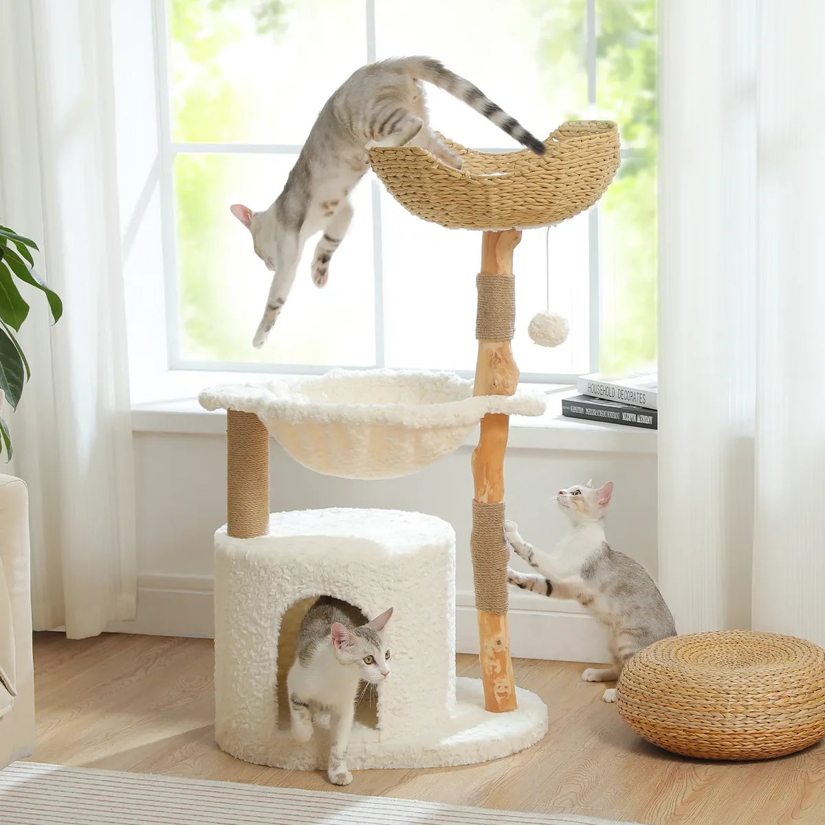 Arbre à chat en osier à trois niveaux avec hamac – Image 2