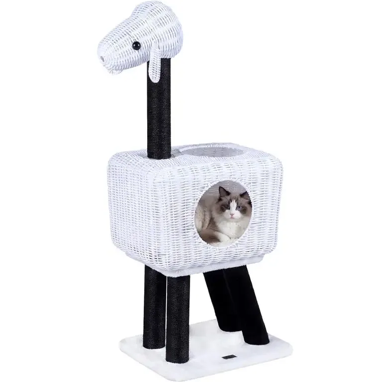 Arbre à chat mouton 110 cm avec condo rotin – Image 2