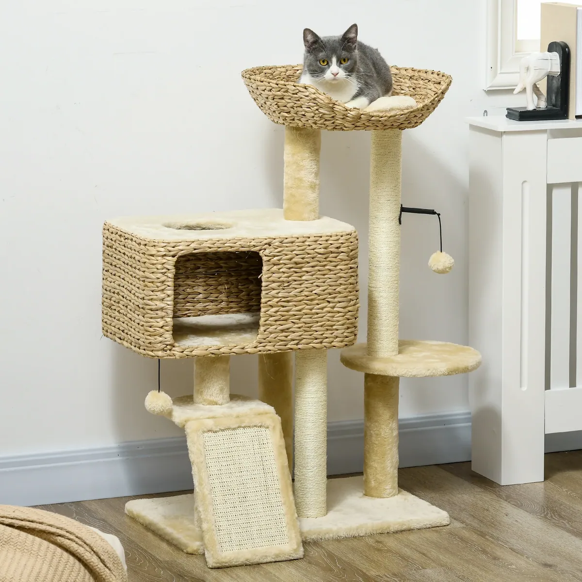 Arbre à chat rotin tressé 3 niveaux avec griffoirs – Image 2