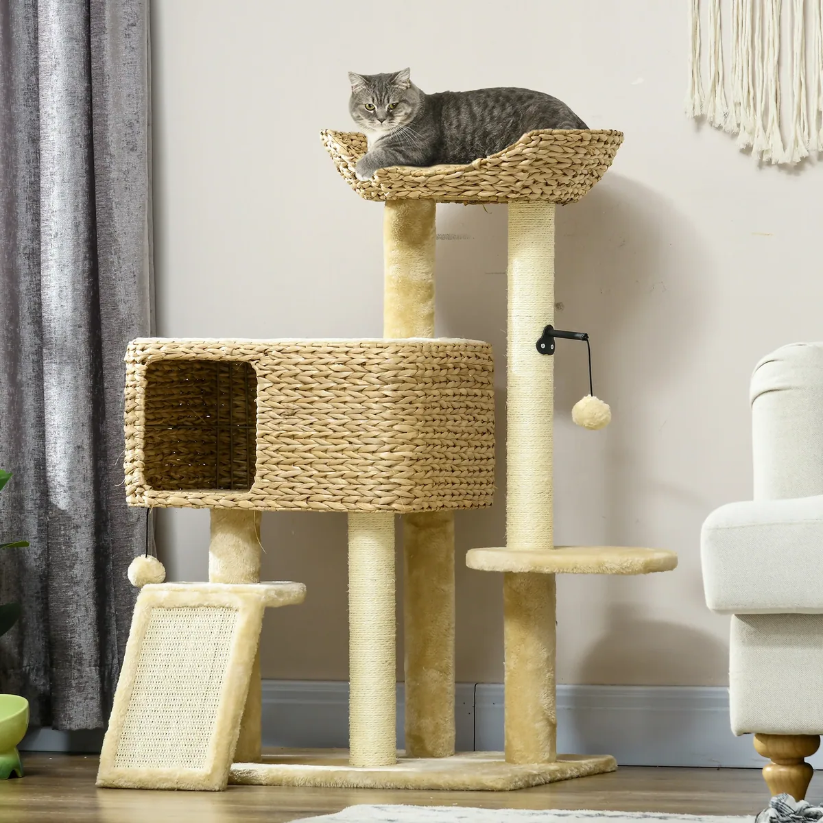 Arbre à chat rotin tressé 3 niveaux avec griffoirs – Image 3