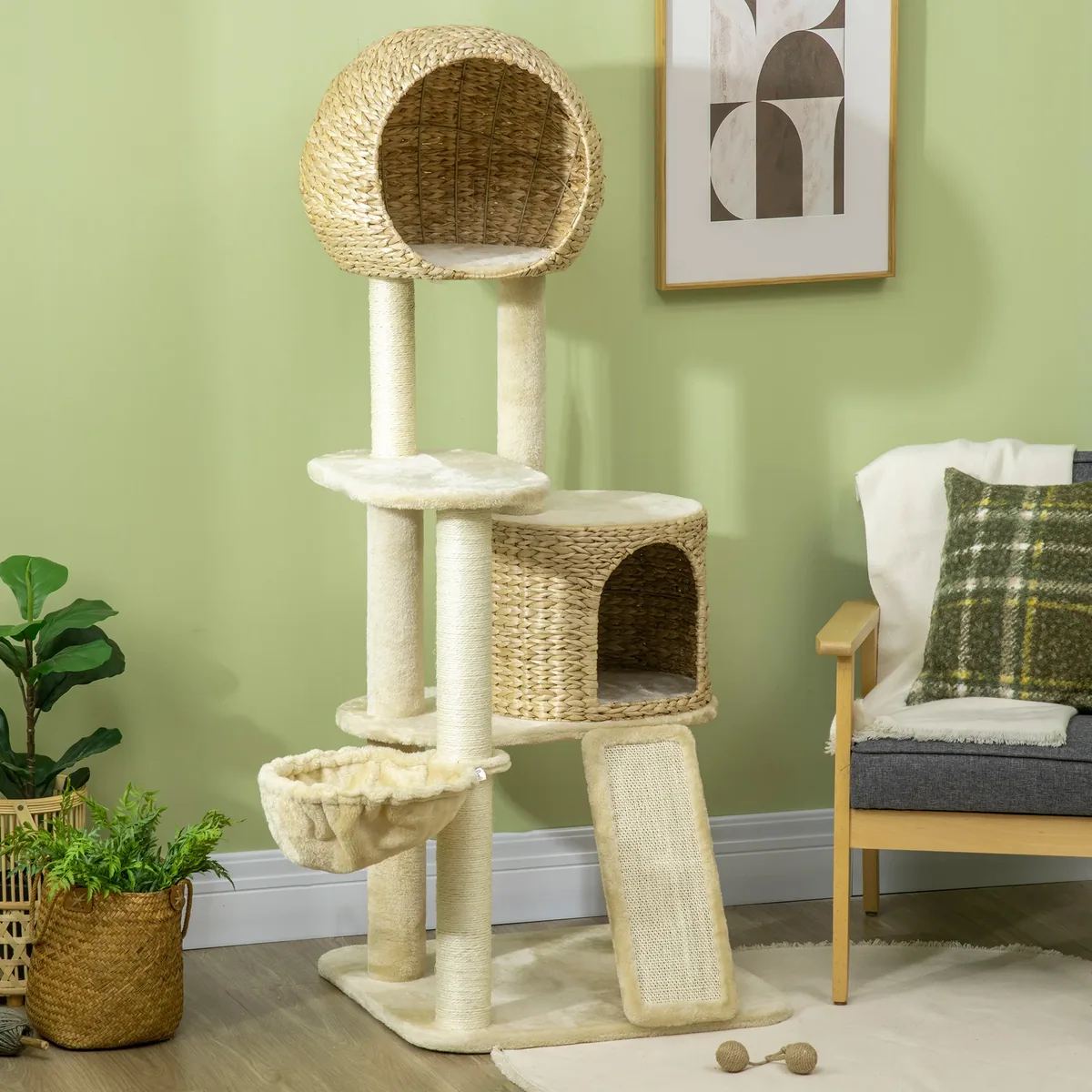 Arbre à chat rotin trois niveaux avec hamac