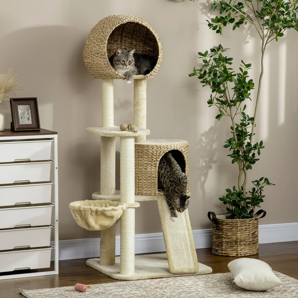 Arbre à chat rotin trois niveaux avec hamac – Image 3