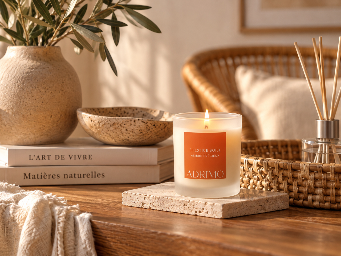 Décoration naturelle avec rotin et parfum d’intérieur dans un salon chaleureux