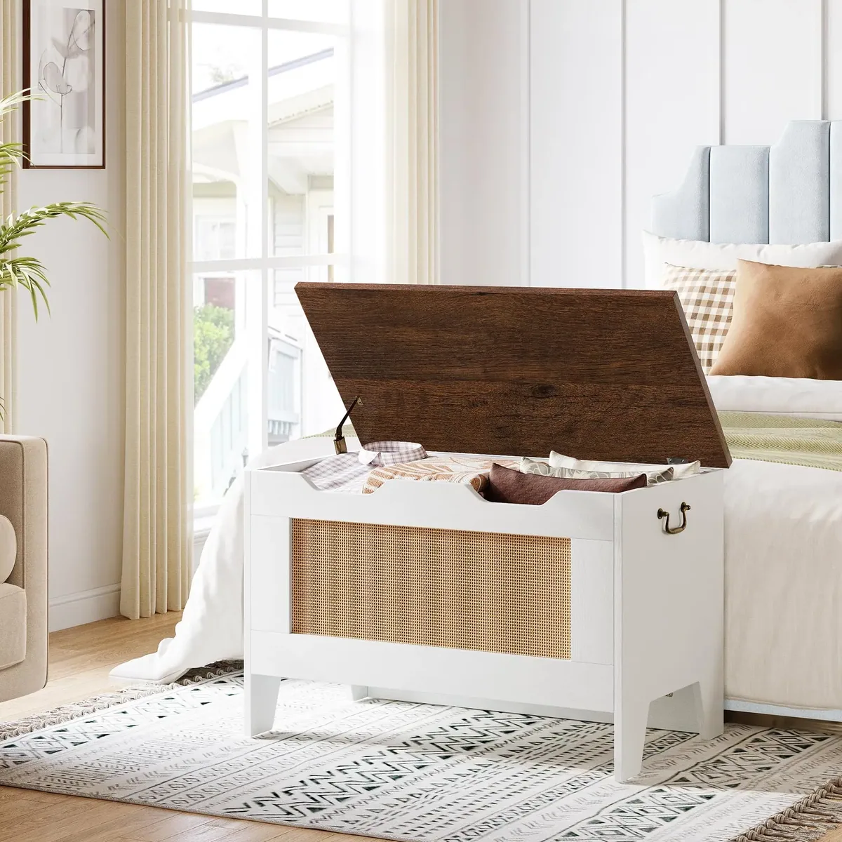 Banc coffre de rangement rotin style rustique 30 pouces