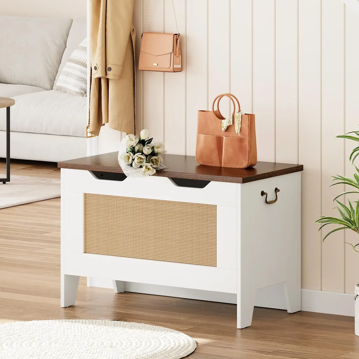 Banc coffre de rangement rotin style rustique 30 pouces – Image 4