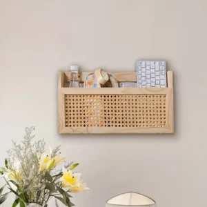 Boîte de rangement murale rustique en bois et rotin