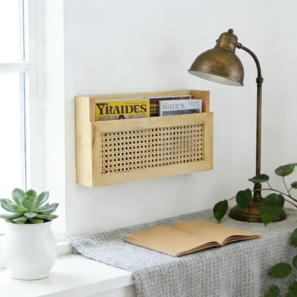Boîte de rangement murale rustique en bois et rotin – Image 3