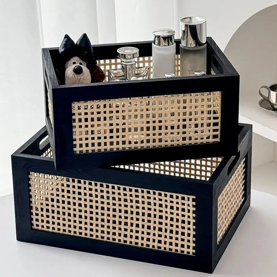 Boîte de rangement rétro en rotin et bois massif – Image 2