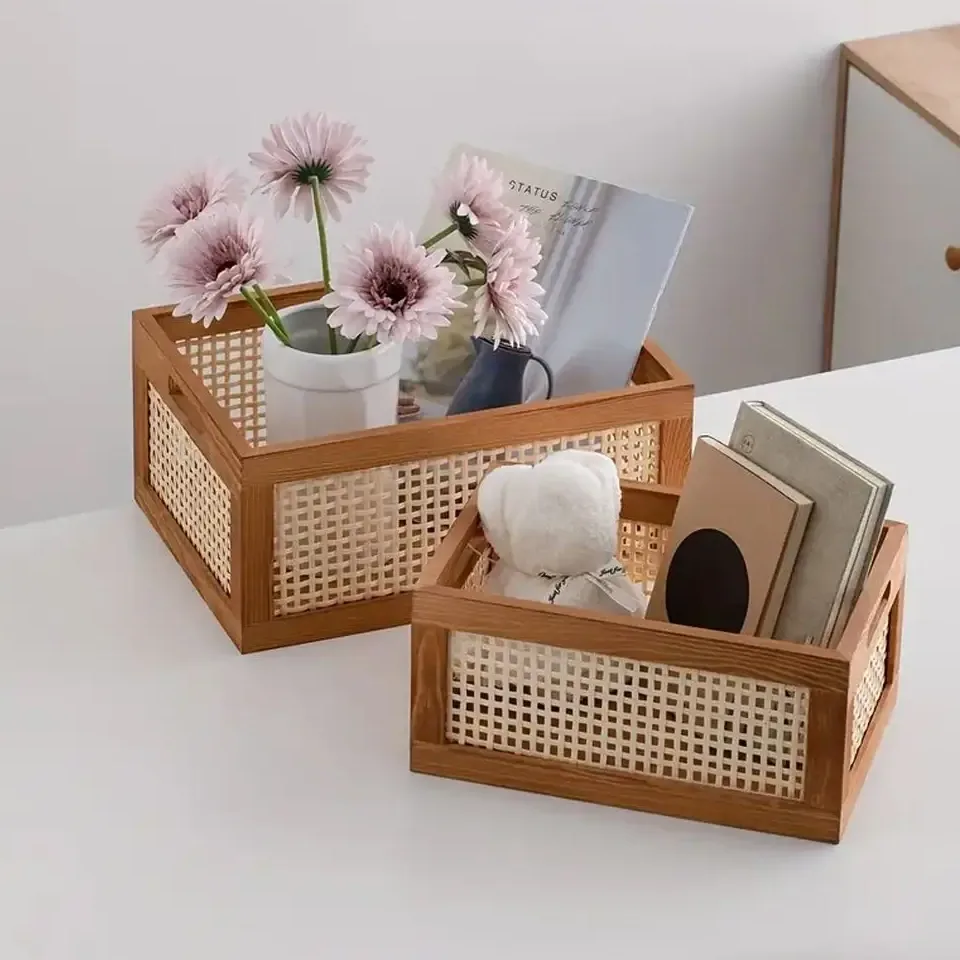 Boîte de rangement rétro en rotin et bois massif – Image 3