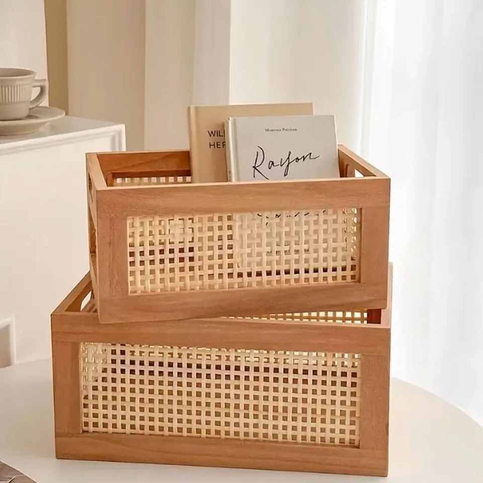 Boîte de rangement rétro en rotin et bois massif – Image 4