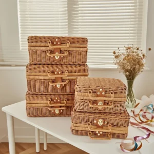Boîte de rangement tressée imitation rotin vintage