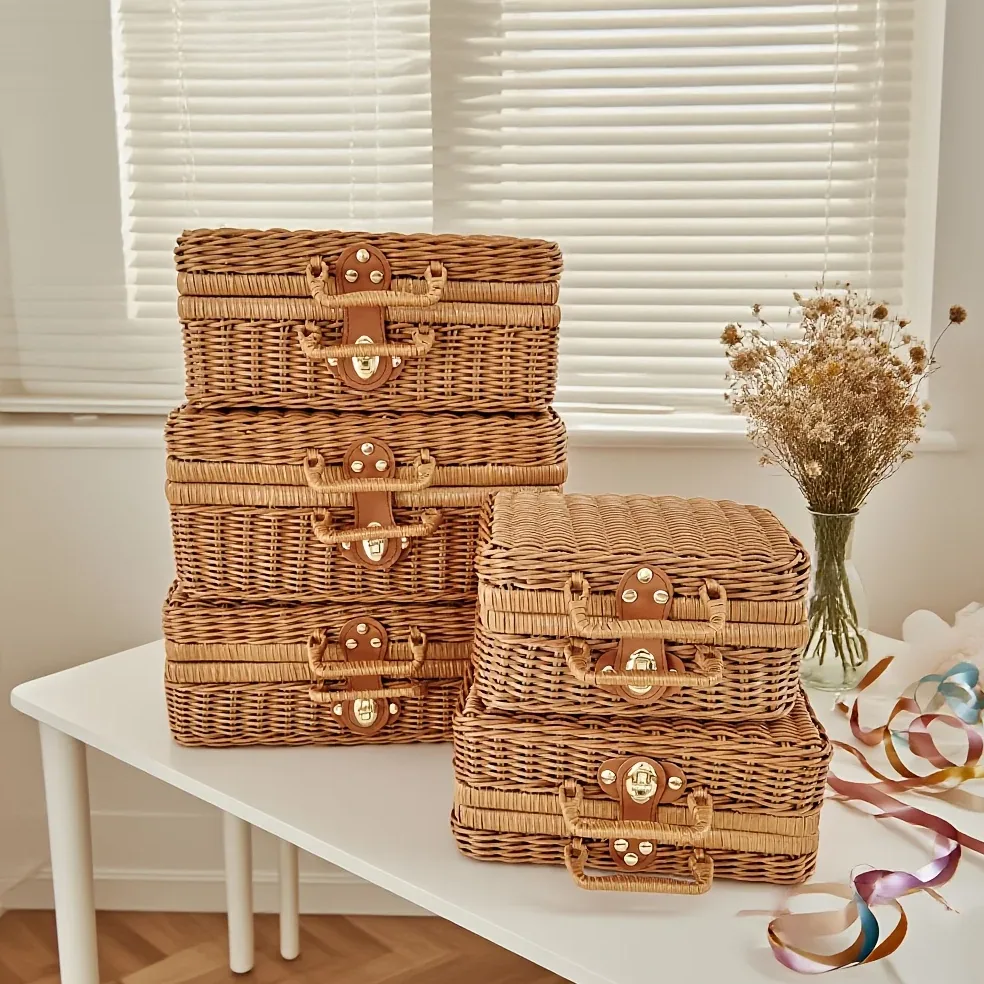 Boîte de rangement tressée imitation rotin vintage