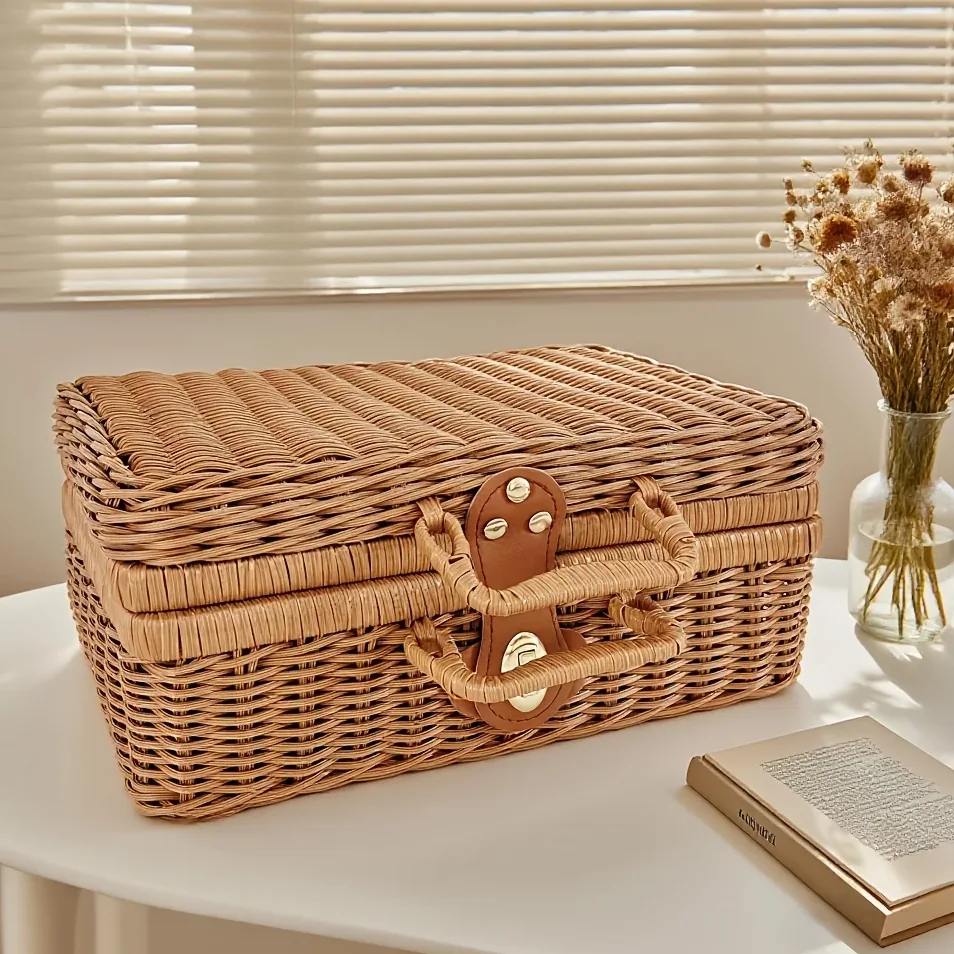 Boîte de rangement tressée imitation rotin vintage – Image 5