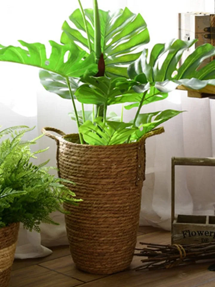 Cache-pot en rotin tissé avec fleurs séchées suspendu – Image 5