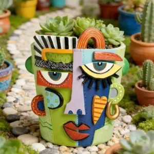 Cache-pot visage abstrait en résine sculptée