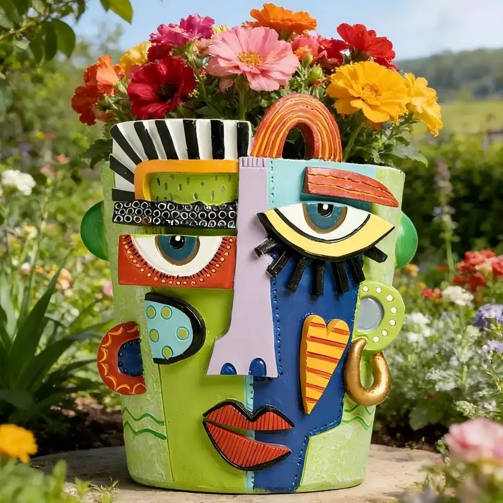 Cache-pot visage abstrait en résine sculptée – Image 2