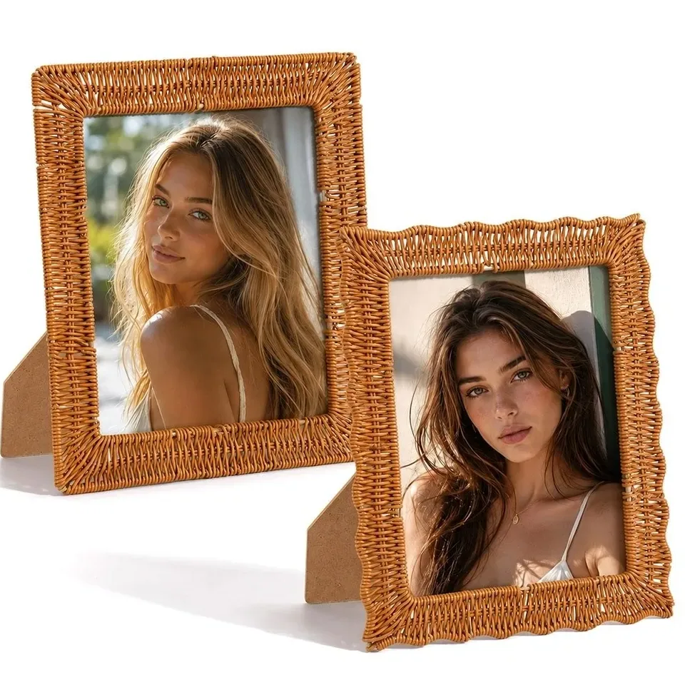 Cadre photo rotin style bohème tissé 10x15 cm