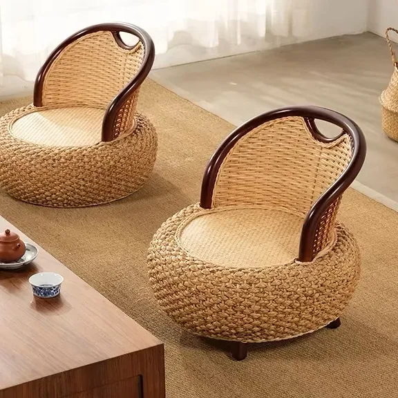 Chaise tatami rotin et bois - tabouret salon – Image 5