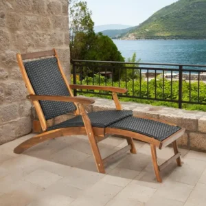 Chilienne pliable en rotin avec cadre bois et repose-pieds