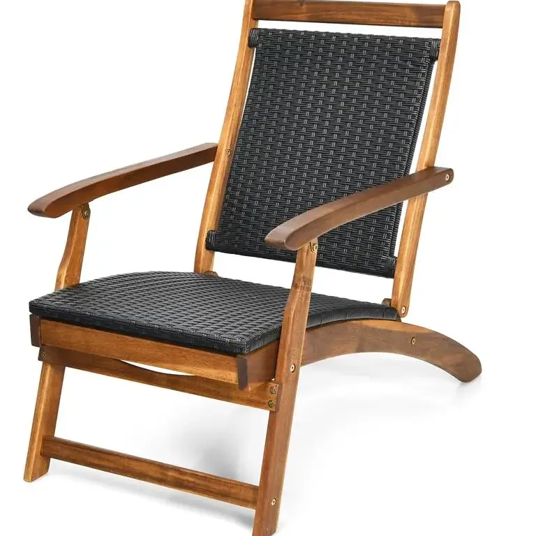 Chilienne pliable en rotin avec cadre bois et repose-pieds – Image 2