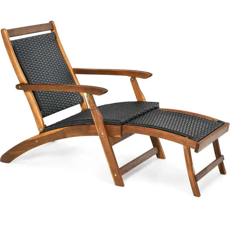 Chilienne pliable en rotin avec cadre bois et repose-pieds – Image 5