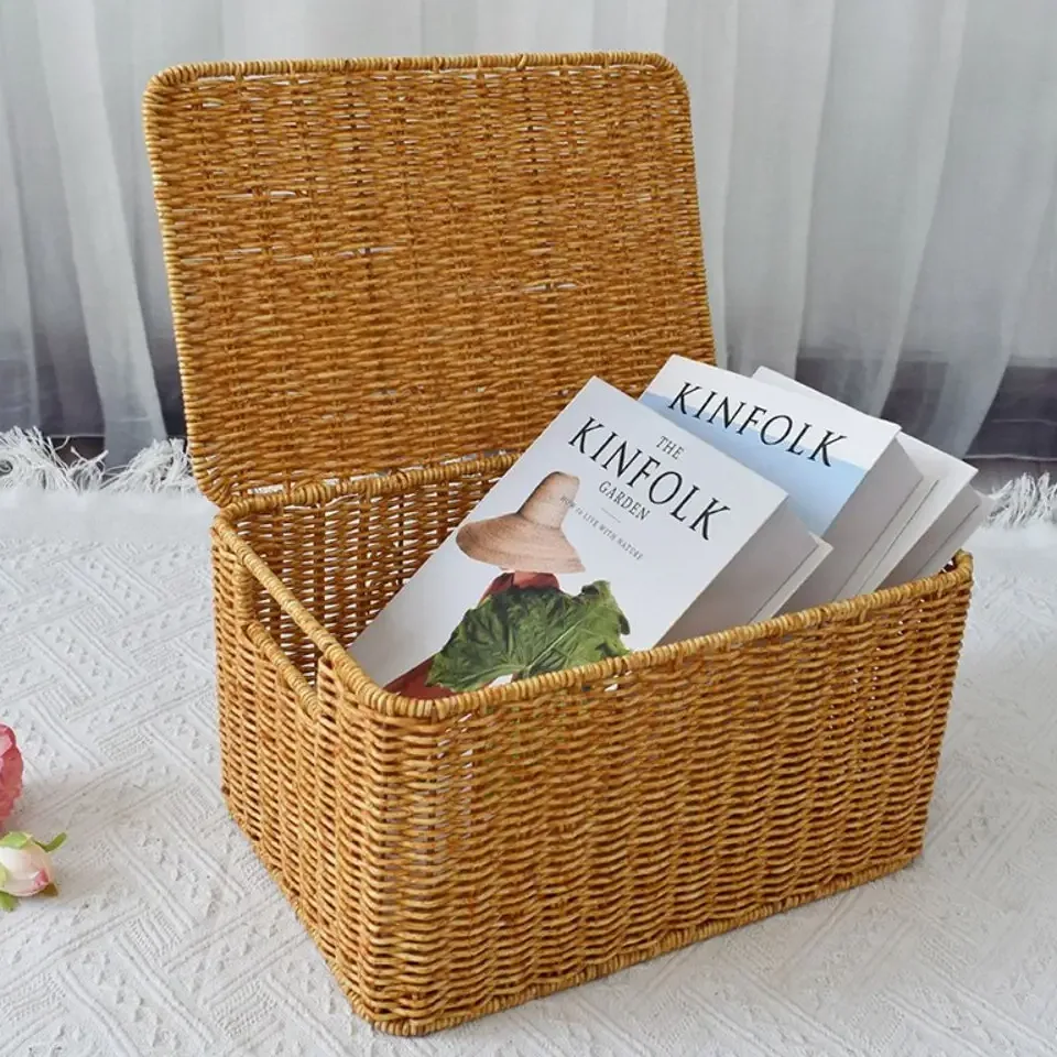 Coffre de rangement rotin rouge avec couvercle – Image 4