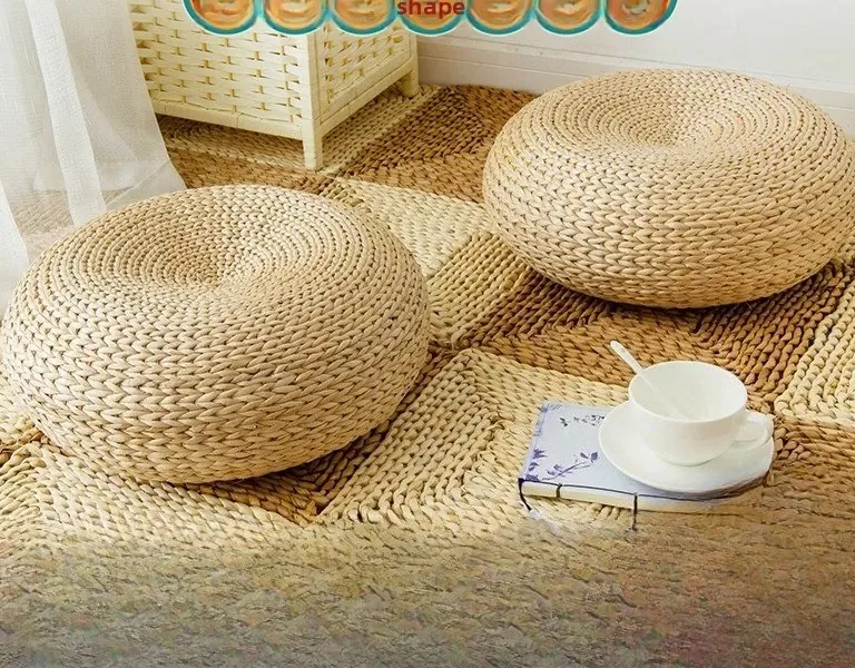 Coussin de méditation en paille tressée, futon épais – Image 2