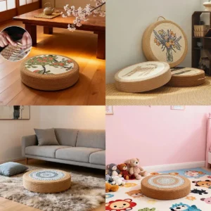Coussin de sol rond en rotin style japonais