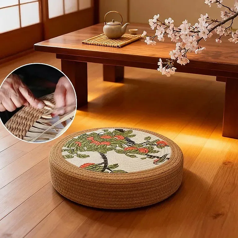 Coussin de sol rond en rotin style japonais – Image 2